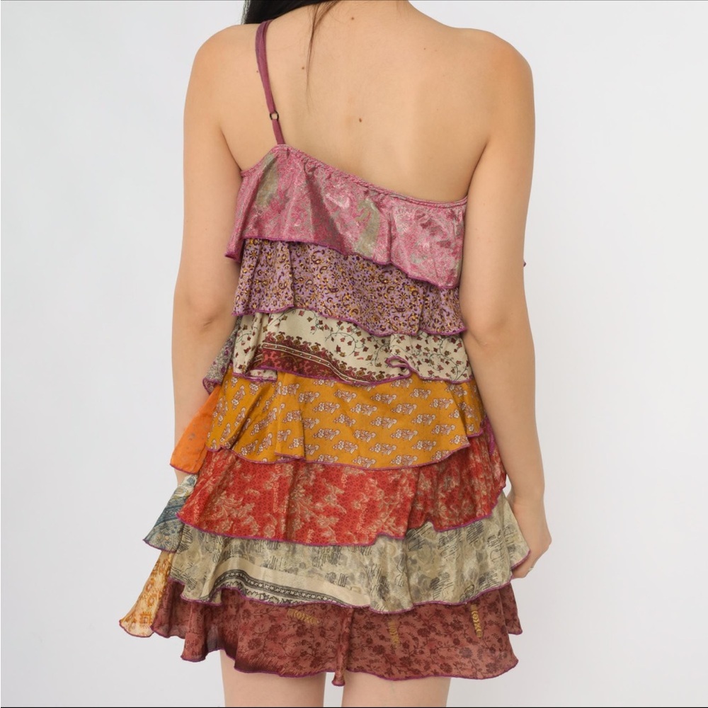 Silk Patchwork Dress One Shoulder Boho Ruffle Tiered Mini Asymmetrical patchwork - Picture 3 of 3